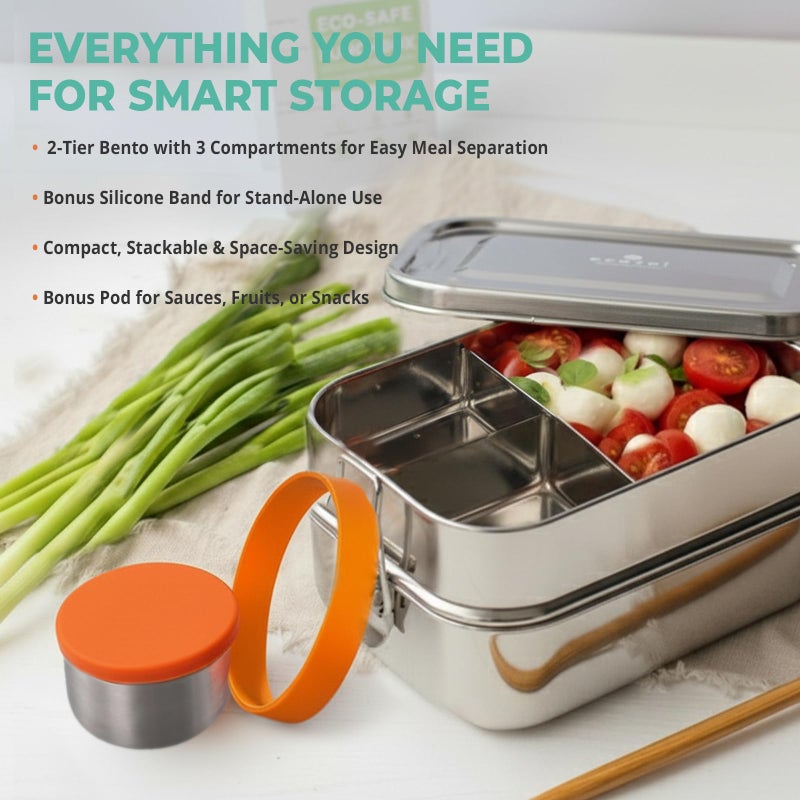 ecozoi Leak Proof Stainless Steel Lunch Box, 3-in-1 Eco Bento Box | Redesigned Silicone Seal + Bonus Lunch Pod | Sustainable Tiffin Eco Friendly Metal Bento Box Food Storage Containers - Image 5